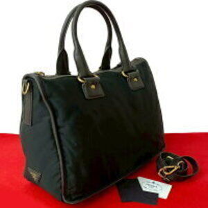 PRADA triangular logo nylon leather handbag Boston bag shoulder black